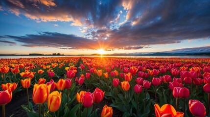 AI generated illustration of a flourishing meadow coming alive with beautiful colorful tulips