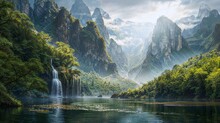 AI Generated Illustration Of An Enchanted Mountain Valley Overlooking The Cascading Waterfalls