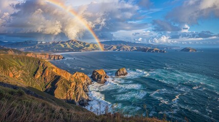 Wall Mural - ai generated illustration of coastal ocean cliffs with an arcing rainbow overlooking the beachfront
