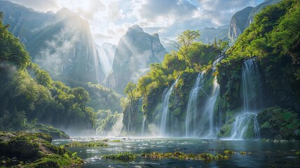 AI generated illustration of an enchanted mountain valley overlooking the cascading waterfalls