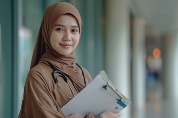 smiling muslim female doctor in brown hijab carrying medical records.