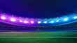 Football field, empty soccer stadium with green grass illuminated with colorful spotlight at night with starry clear sky. Concept of sport, championship tournaments 2024, league, match, win. Ad