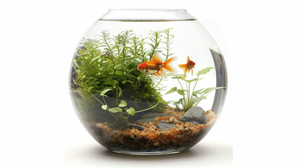 Beautiful bright small goldfish in round glass aquarium isolated on white. Made with generative ai