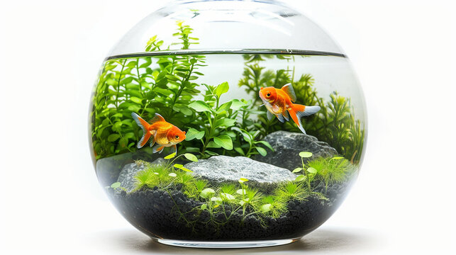 Beautiful bright small goldfish in round glass aquarium isolated on white. Made with generative ai