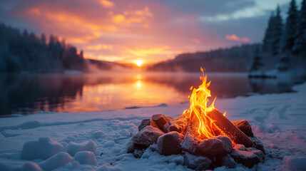 Wall Mural - Bonfire on the shore of a frozen lake at sunset in winter