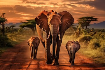 African elephant family in savannah surrounded by lush greenery and diverse wildlife