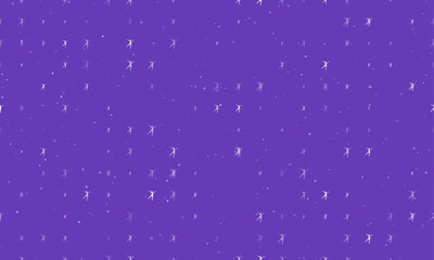Poster - Seamless background pattern of evenly spaced white dancing girl symbols of different sizes and opacity. Vector illustration on deep purple background with stars