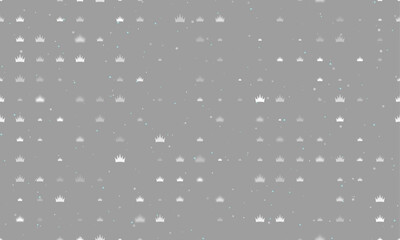 Poster - Seamless background pattern of evenly spaced white crown symbols of different sizes and opacity. Vector illustration on grey background with stars