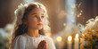 Young girl wearing a dress for her first Holy Communion. Banner with copy space. Shallow depth of field.