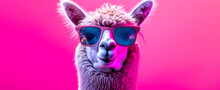 Cartoon Colorful Lama With Pink Sunglasses On Bright Background
