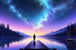 starlit sky tranquil lake lone figure silhouette on dock gazing into depths aura