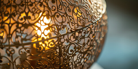  Vintage Openwork Table Lamp Illuminating Room. Antique styled lamp casting ornate shadows on wall.
