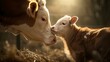 Tender moment between cow and calf in golden light. motherly love on the farm. peaceful rural life captured. perfect for family themes. AI
