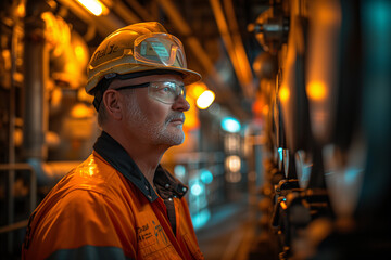 Wall Mural - An experienced technician in safety gear attentively monitors machinery at an industrial facility.