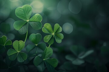 Wall Mural - Close-up of vibrant green clover leaves on a soft-focus background. nature's beauty captured in a serene setting, perfect for calming themes. AI