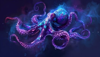 Surreal violet octopus in mystical underwater ambiance. digital artwork for creative design, fantasy marine life. AI