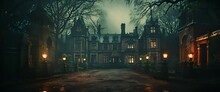 Panning Shot Of A Haunted Victorian Era Mansion With Pebbles Road