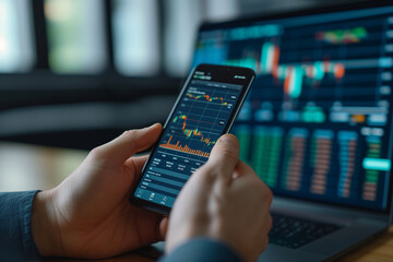 Poster - Close-up of a professional analyzing financial statistics on a smartphone synchronized with a laptop screen.