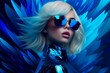 AI generated illustration of a blonde woman portrait in stylish sunglasses on a blue background