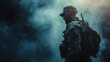 Special operations forces soldier in military ammunition covered with smoke. Concept of defense, war, weapons and protection
