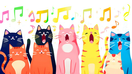 Wall Mural - Illustration of a group of cats singing and dancing with music notes