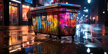 A photograph of a neon garbage container, brightly sparkling in night darkness, gives an urban env
