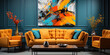 A room with a chic sofa and art work on a wall harmoniously combined with the color palette of the