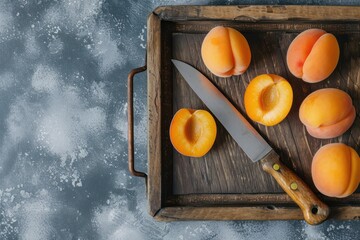 Wall Mural - High angle view of a sliced apricot and five whole apricots on a wooden tray with a kitchen knife on a gray bluish backdrop. 