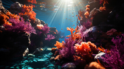 Wall Mural - Color corals, like living paintings, decorate the underwater landscape of ocean dep