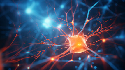 Poster - information travelling through the network of glowing neurons, brains science background wallpaper, neurons network