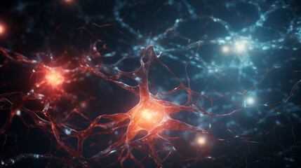 Poster - information travelling through the network of glowing neurons, brains science background wallpaper, neurons network