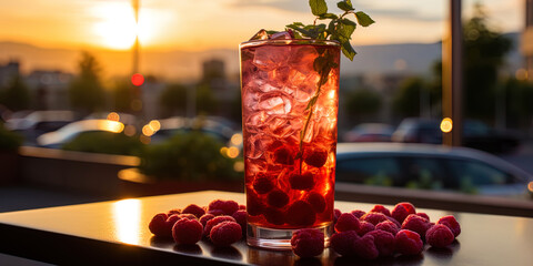 Poster - Photo of raspberry mochito in a high glass decorated with mint leaves, against the background of s