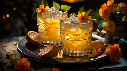 Wall Mural - Photo of the May Tai cocktail with Lumt Orange, in golden shades of sunset, creates an atmosphere