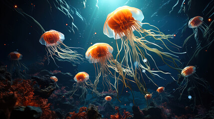 Wall Mural - Playing underwater animation: dragonfliesfish and floating jellyfish in dance under the light of w