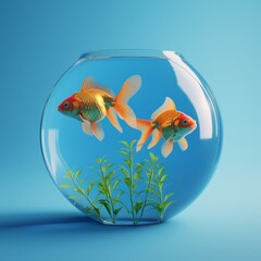 Two vibrant goldfish swimming in a clear bowl against a solid blue background