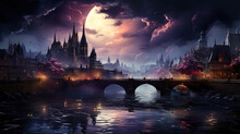 The mysterious bridge in the night city, captured by watercolors, where lights of lanterns are ref