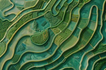 Poster - Surreal labyrinth like landscape inspired by the rice fields in Vietnam. Background image. Created with Generative AI technology
