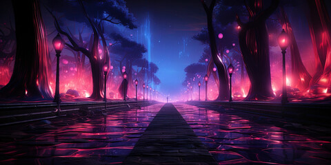 Sticker - The neon path, immersed in incredible light, as if illuminating the path into a parallel wor