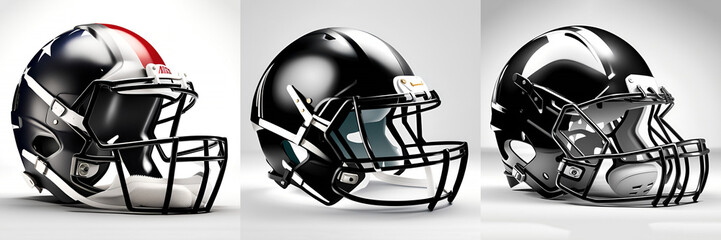 Black and white helmets by various sports equipment ,American footballs, hockey gear