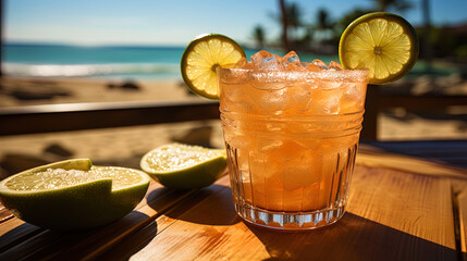 Poster - The refreshing orange margarita with salt on the edge of the glass, against the backdrop of the wa