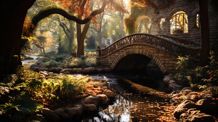 Wall Mural - The watercolor bridge in the city park, where shadows and light create the effect of mystery and r