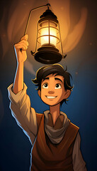 Wall Mural - Illustration of a young man holding a lamp in his hand.