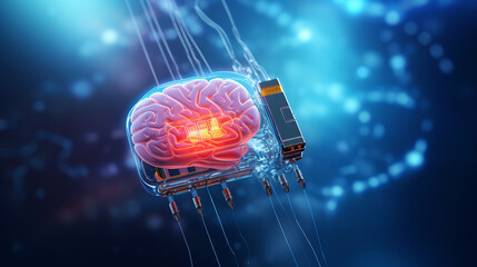 Wall Mural - human brain connected to a chip, modern futuristic technology, advancement if AI concept illustration