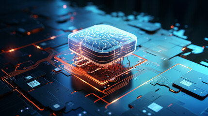 Poster - human brain connected to a motherboard, modern futuristic technology, advancement if AI concept illustration