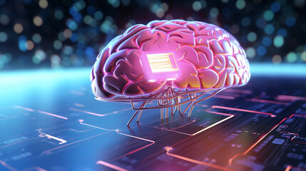 Poster - human brain connected to a motherboard, modern futuristic technology, advancement if AI concept illustration
