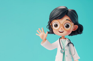 Wall Mural - 3D style cute cartoon character of a welcoming female doctor waving