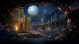 Fototapeta  - Fantasy landscape with fantasy castle and moon. Digital painting illustration.