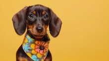 A Cute Dachshund Puppy In A Bright Bandana On A Yellow Background. A Postcard With A Place For Text, A Place To Copy