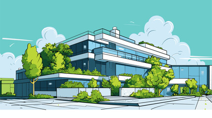 Wall Mural - Digital graphic featuring a modern office building with rooftop gardens and green facades  showcasing the synergy between corporate functionality and environmental consciousness. simple minimalist