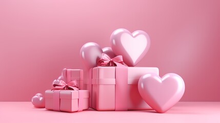 Wall Mural - pink gift with pink ribbon with pink balloons forming a heart on a pink backgrounda